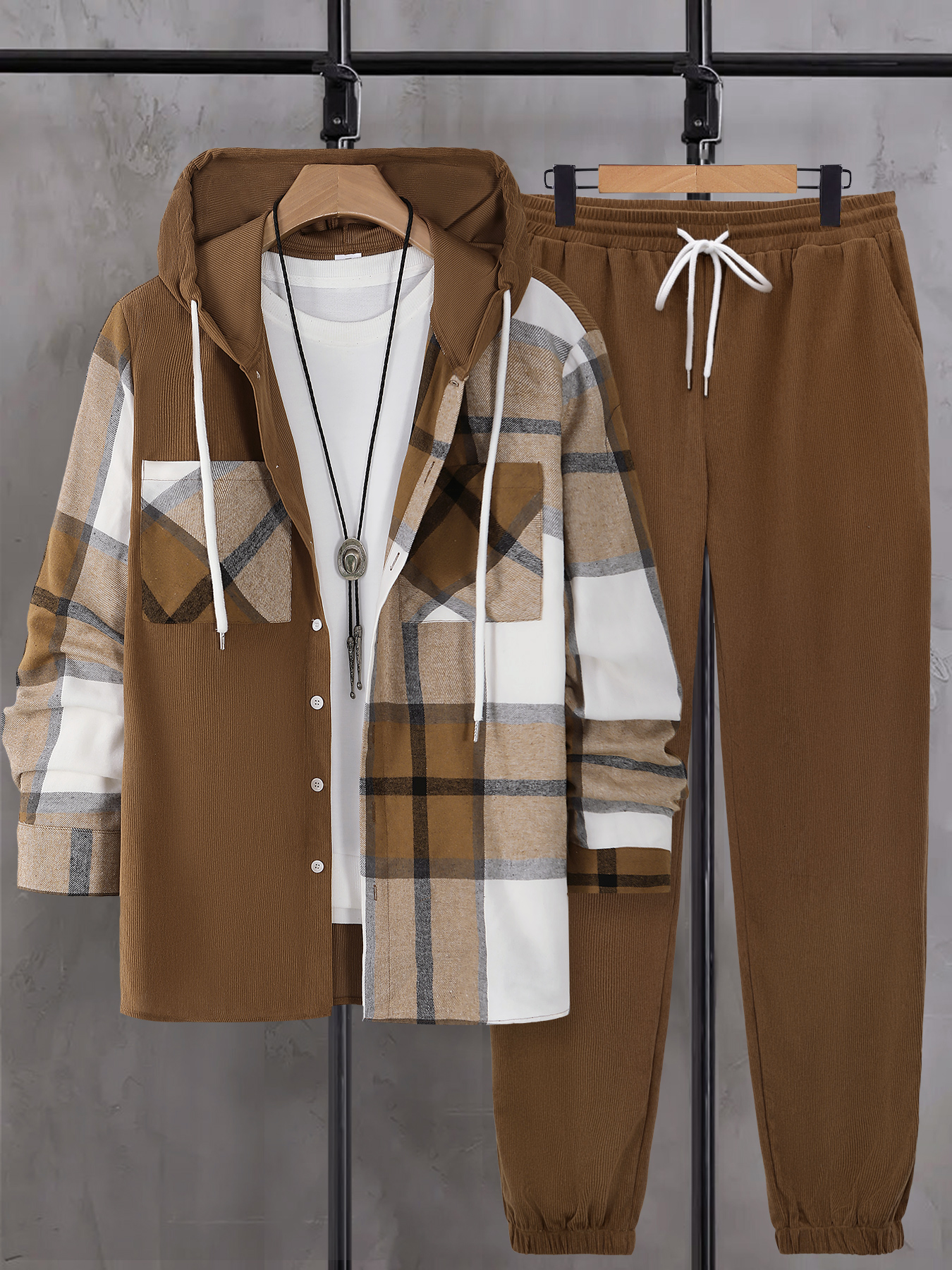 Winter Clothing Gear - Men's Autumnal Hooded Set with Plaid